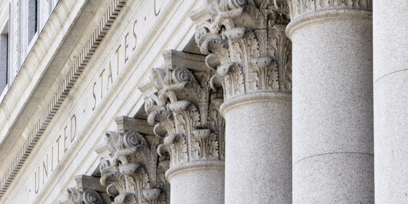 The pillars of New York Supreme Court in New York, New York, USA