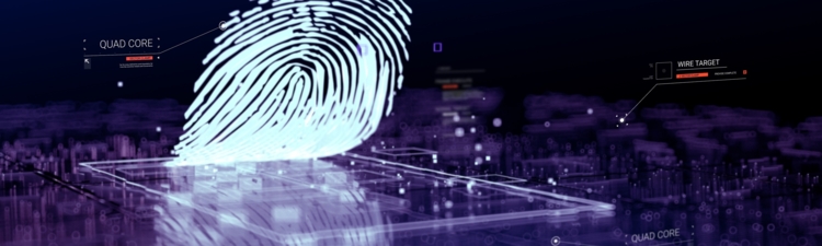 Digital generated image of blue glowing fingerprint touching reflecting digital panel during scanning and verification process on black background.