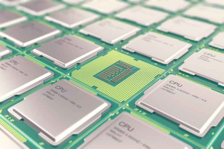 Modern central computer processors CPU, industry concept close-up view with depth of field effect.