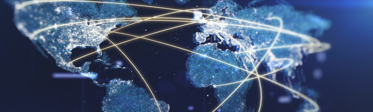 Global communication network on a glowing particle world map.