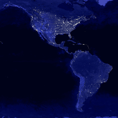 North and South America lights map at night. View from outer space