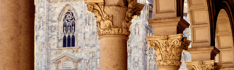 Milan Cathedral seen through the colonnade. Italy.