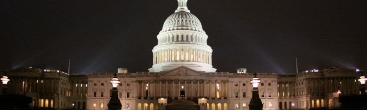 The dome of the United States Capitol lit at night in Washington, DC.