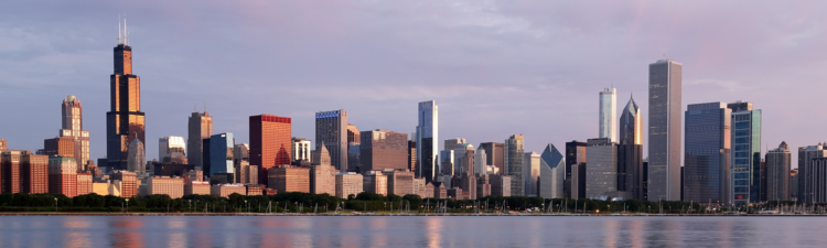 A morning view of the Chicago Skyline across Lake Michigan.