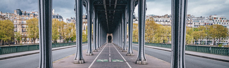 Walkway and bike lane underneath the Bir Hakeim Bridge in Paris, France