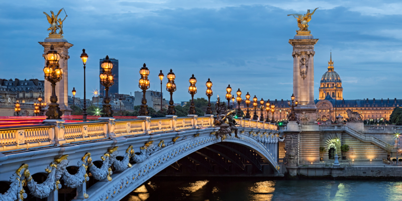 The Alexander III Bridge across river Seine in Paris, France.