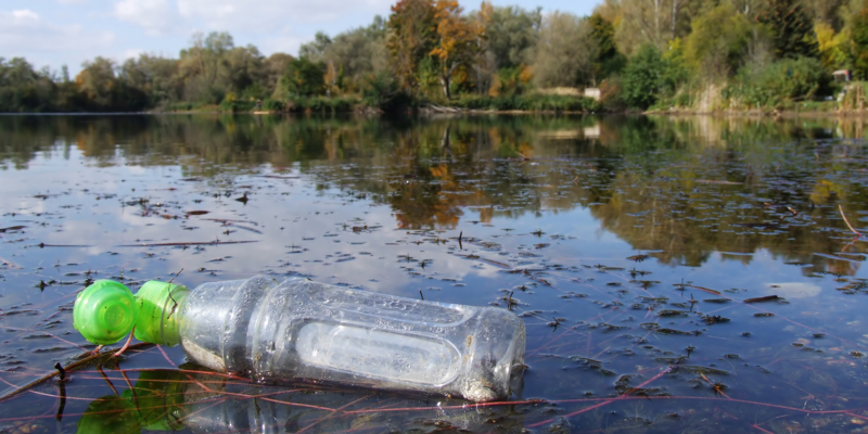 The thrown bottle floats in lake