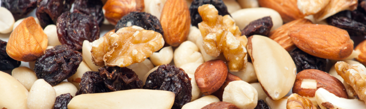 Heap of mixed nuts and dry fruits.