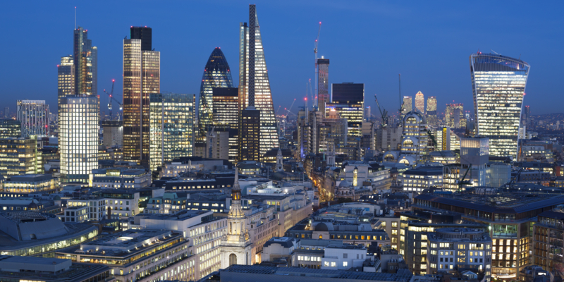 Elevated view of the Financial district of London at dusk, London, England.