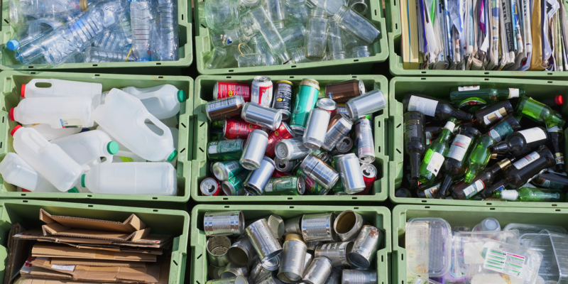 Close up of organized recycling bin
